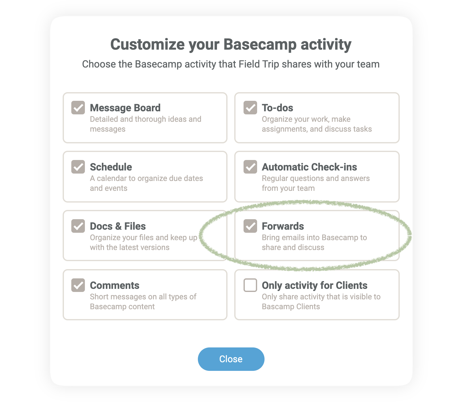 Email Forwards can be disabled in Field Trip's settings for the Slack Channel or Hangouts Chat